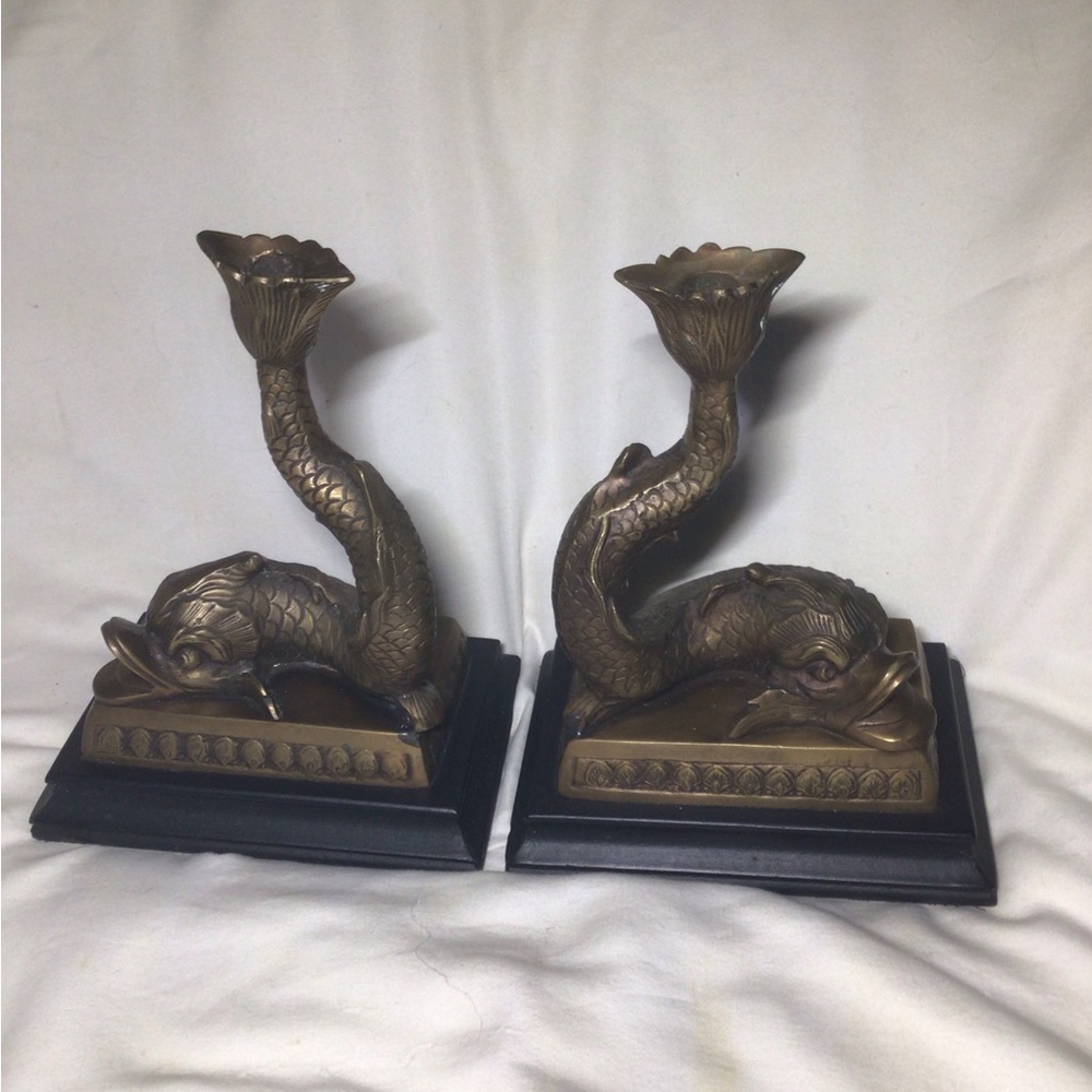 Vintage Wild Wood Heavy Brass Koi Fish Candle Holder Pair candlestick India